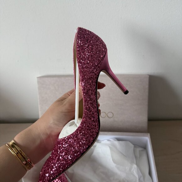 NWT Jimmy Choo Agnes Pumps Dragon Fruit Coarse Glitter Pointed Toe High Stiletto - Picture 8 of 13